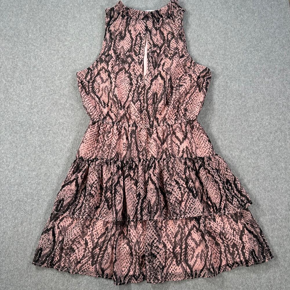BB Dakota Wild Child Snake Print Mini Dress Size Small Pink/Black Ruffle Tiered